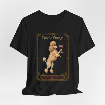 Model wearing Poodle Breed Sommelier t-shirt in black — lifestyle photo