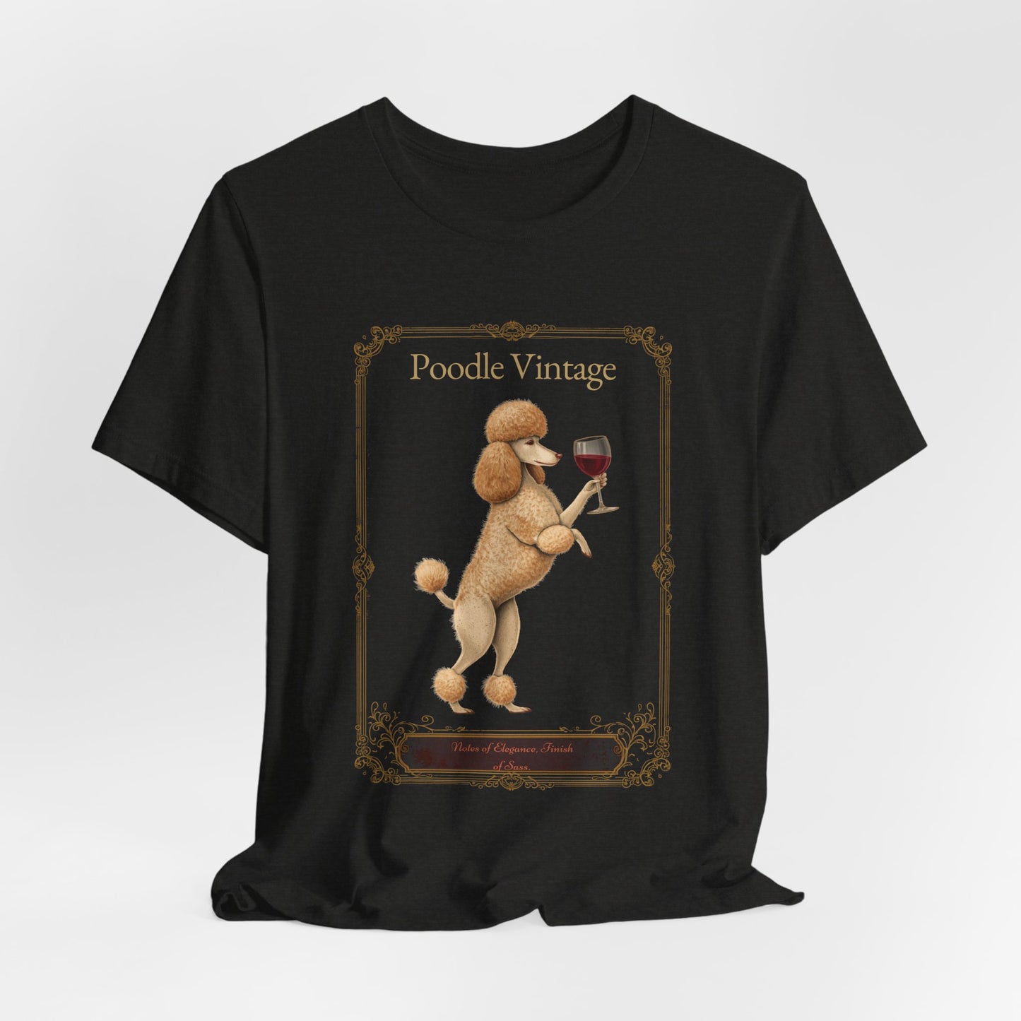 Model wearing Poodle Breed Sommelier t-shirt in black heather — lifestyle photo