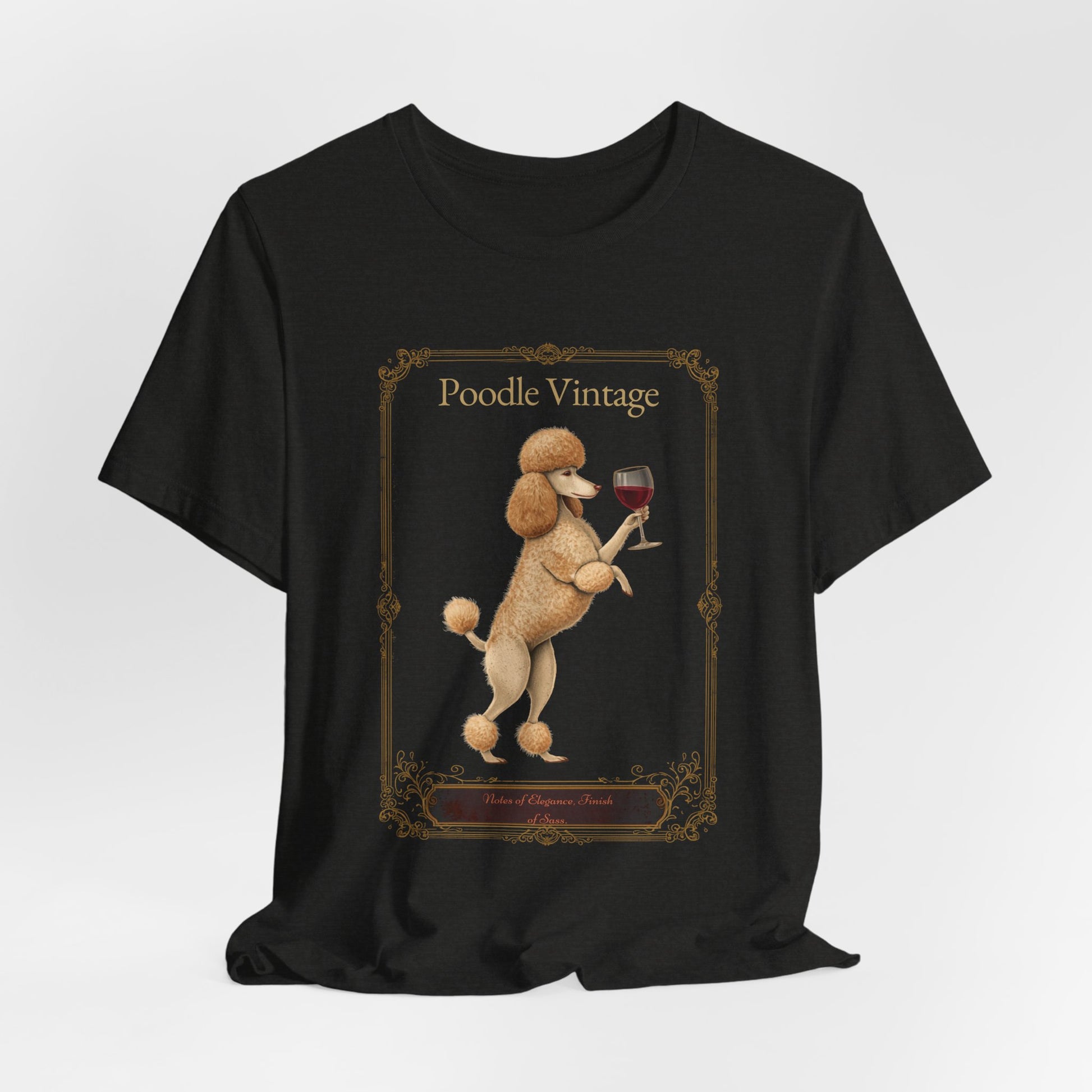 Model wearing Poodle Breed Sommelier t-shirt in black heather — lifestyle photo