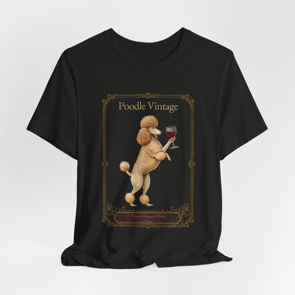 Model wearing Poodle Breed Sommelier t-shirt in black heather — lifestyle photo