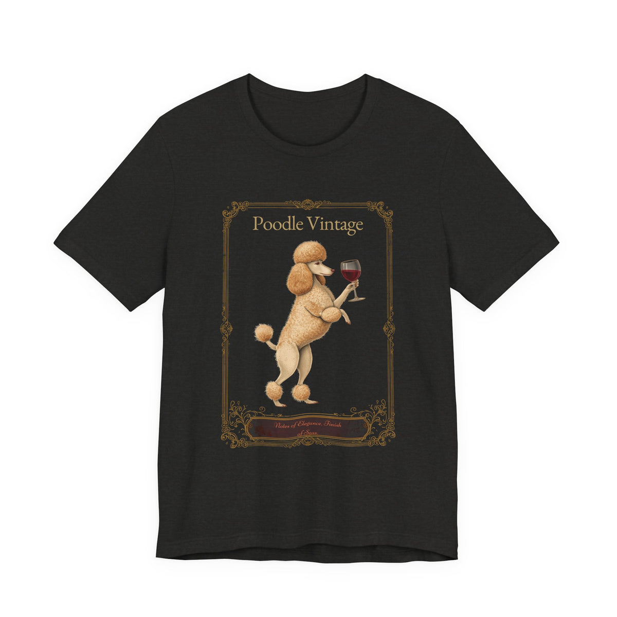 Model wearing Poodle Breed Sommelier t-shirt in dark grey heather — lifestyle photo