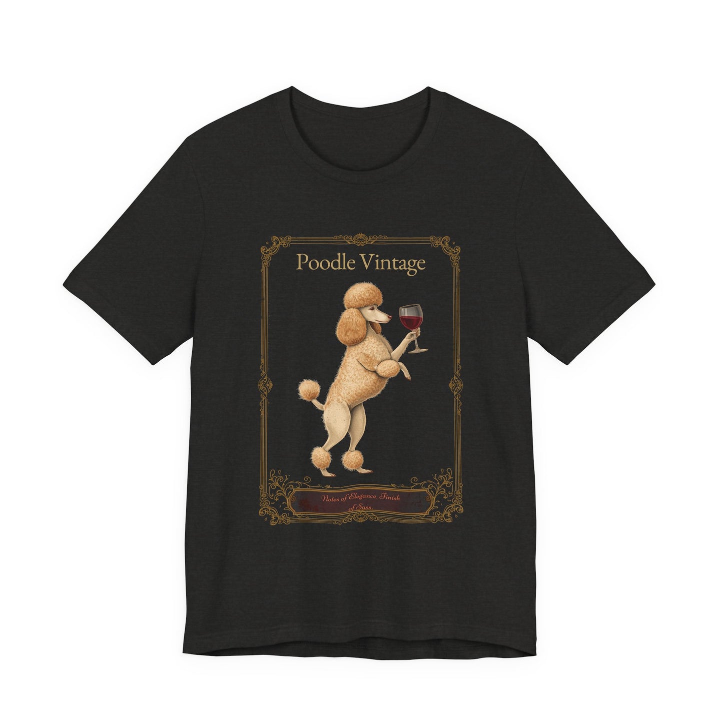 Model wearing Poodle Breed Sommelier t-shirt in dark grey heather — lifestyle photo