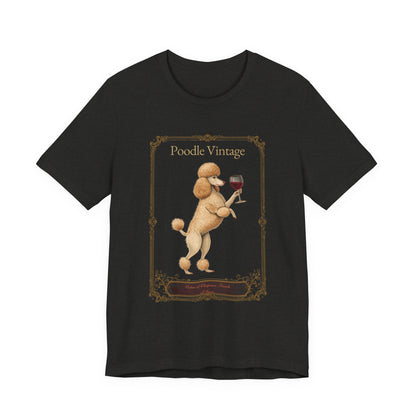 Model wearing Poodle Breed Sommelier t-shirt in dark grey heather — lifestyle photo