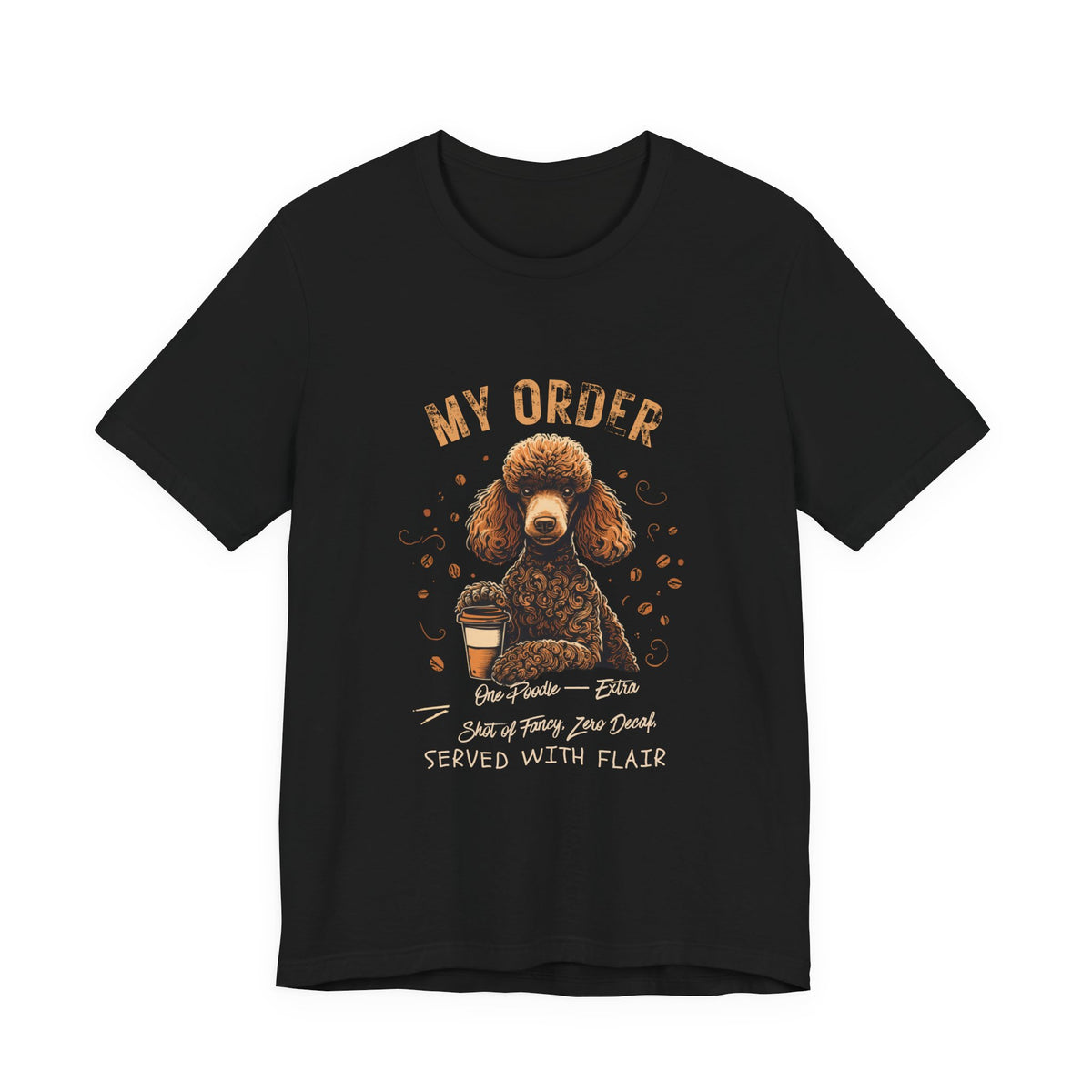 Poodle Café Order T-Shirt – Black – Flat Lay