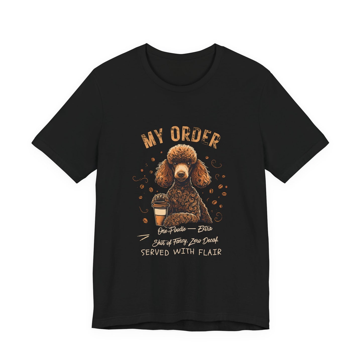Poodle Café Order T-Shirt – Black – Flat Lay