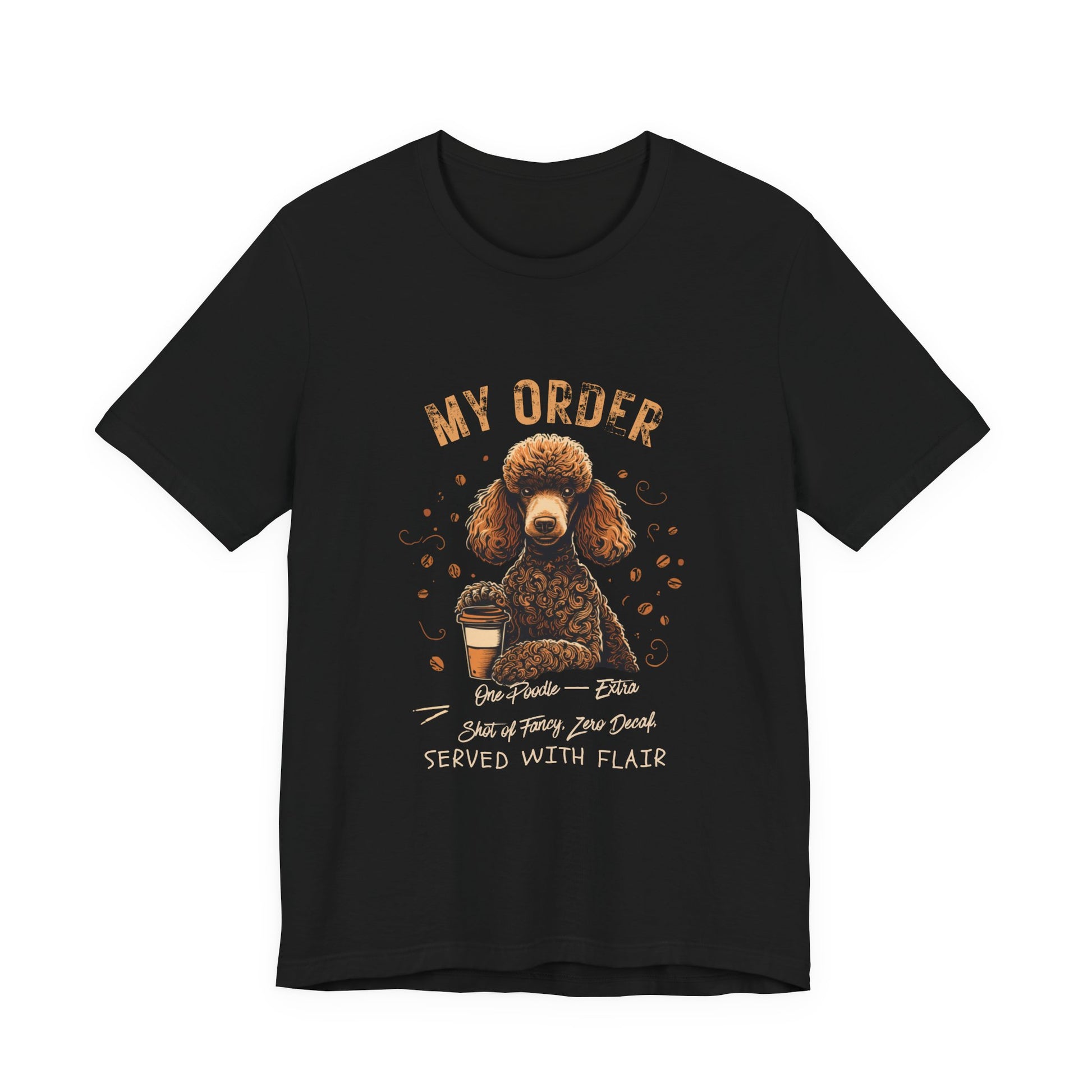 Poodle Café Order T-Shirt – Black – Flat Lay