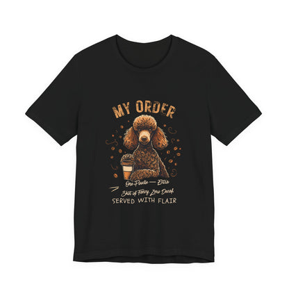 Poodle Café Order T-Shirt – Black – Flat Lay
