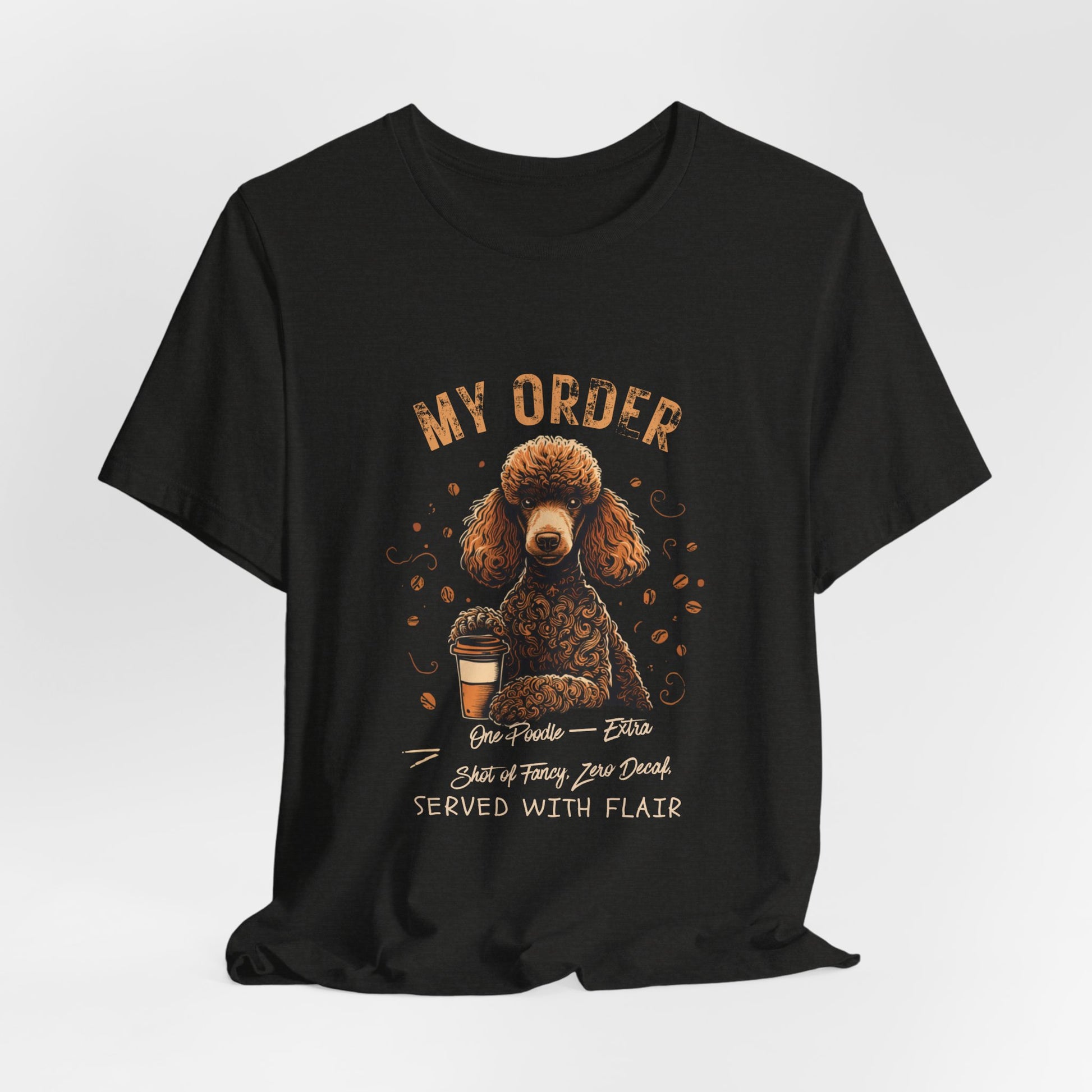Poodle Café Order T-Shirt – Black Heather – Lifestyle View