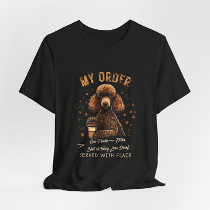 Poodle Café Order T-Shirt – Black Heather – Lifestyle View
