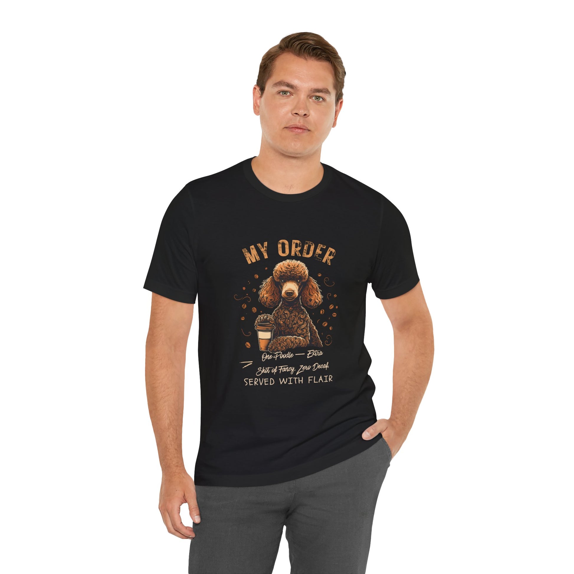 Poodle Café Order T-Shirt – Black – Lifestyle View