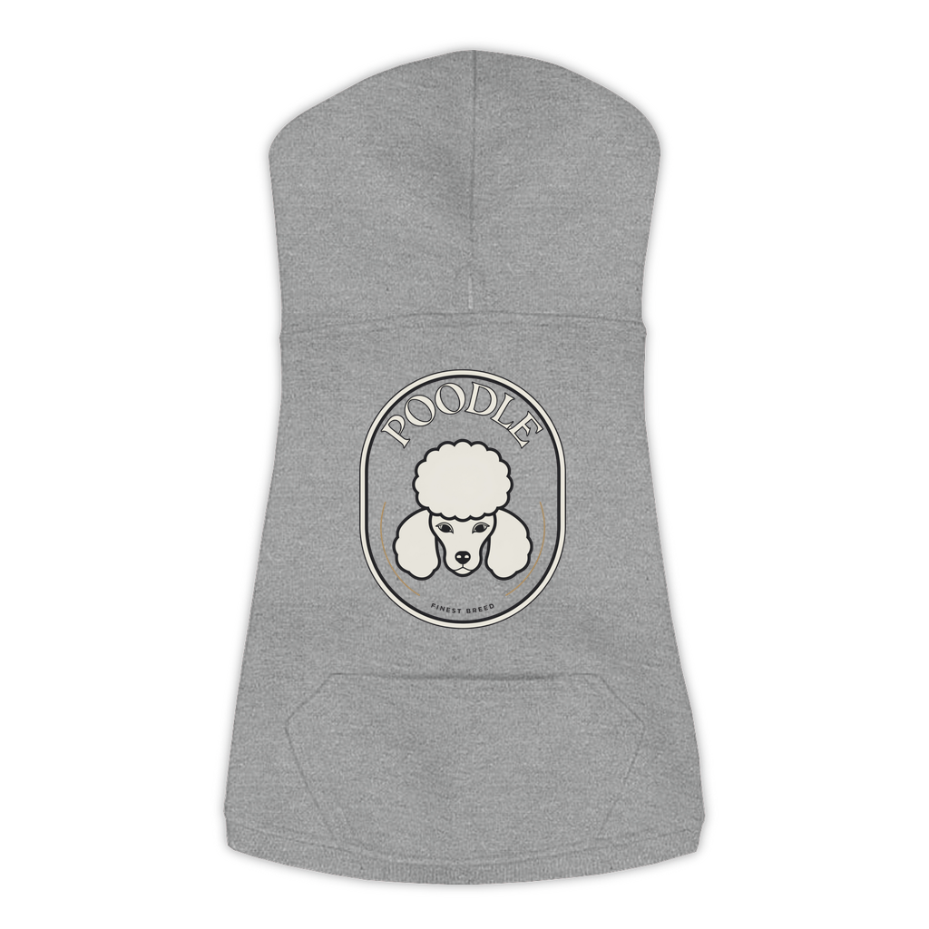 Poodle dog hoodie in Granite Heather — Finest Breed gold crest emblem print on cosy fleece pullover
