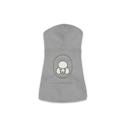 Poodle dog hoodie in Granite Heather — Finest Breed gold crest emblem print on cosy fleece pullover