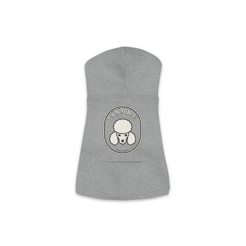 Poodle dog hoodie in Granite Heather — Finest Breed gold crest emblem print on cosy fleece pullover