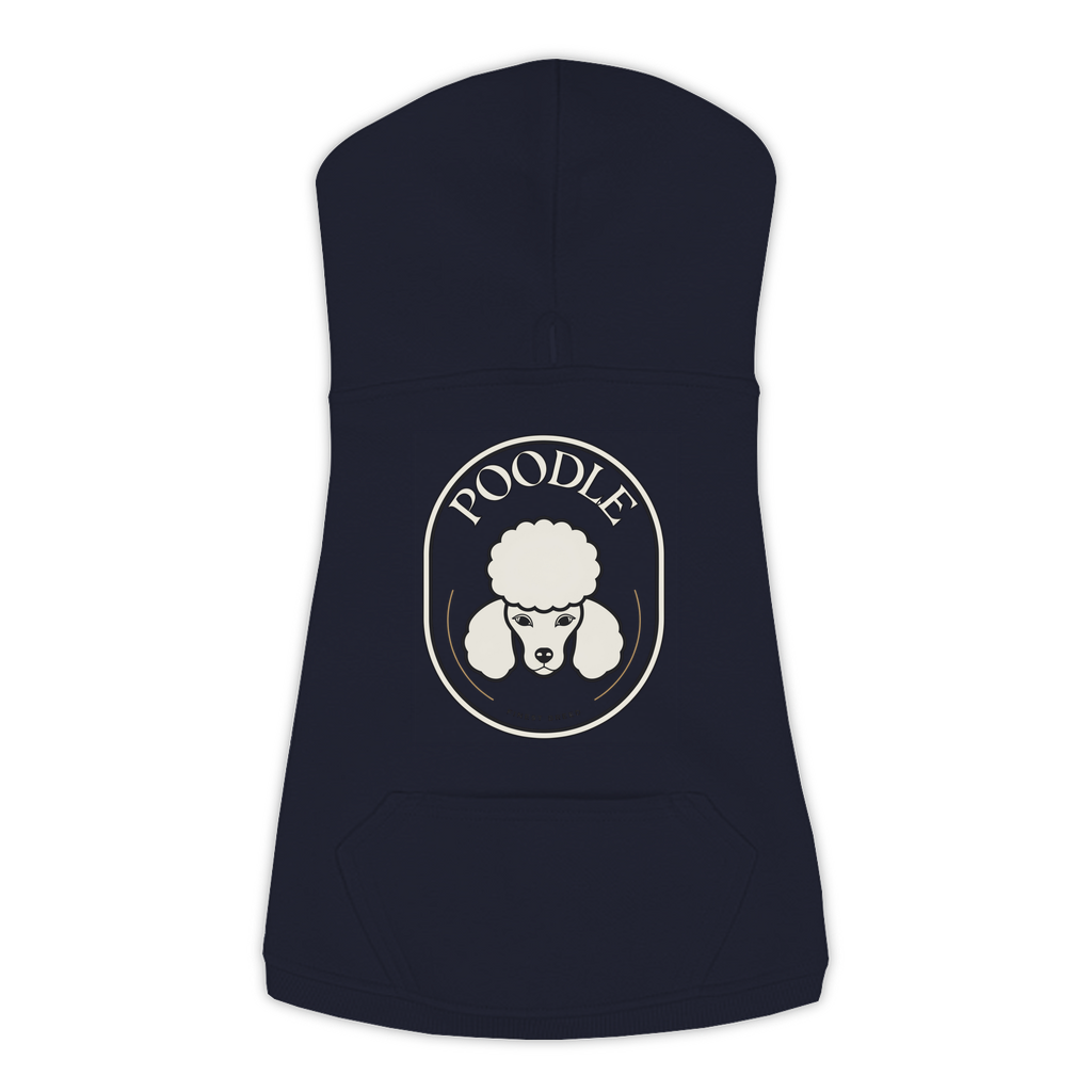 Poodle dog hoodie in Navy — Finest Breed gold crest emblem print on cosy fleece pullover