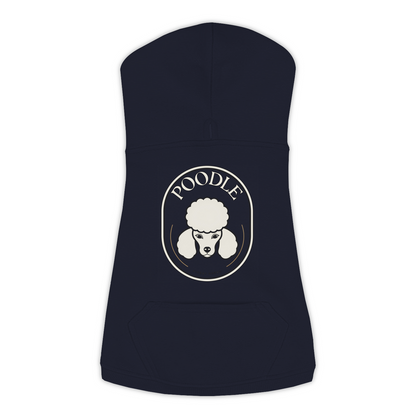 Poodle dog hoodie in Navy — Finest Breed gold crest emblem print on cosy fleece pullover