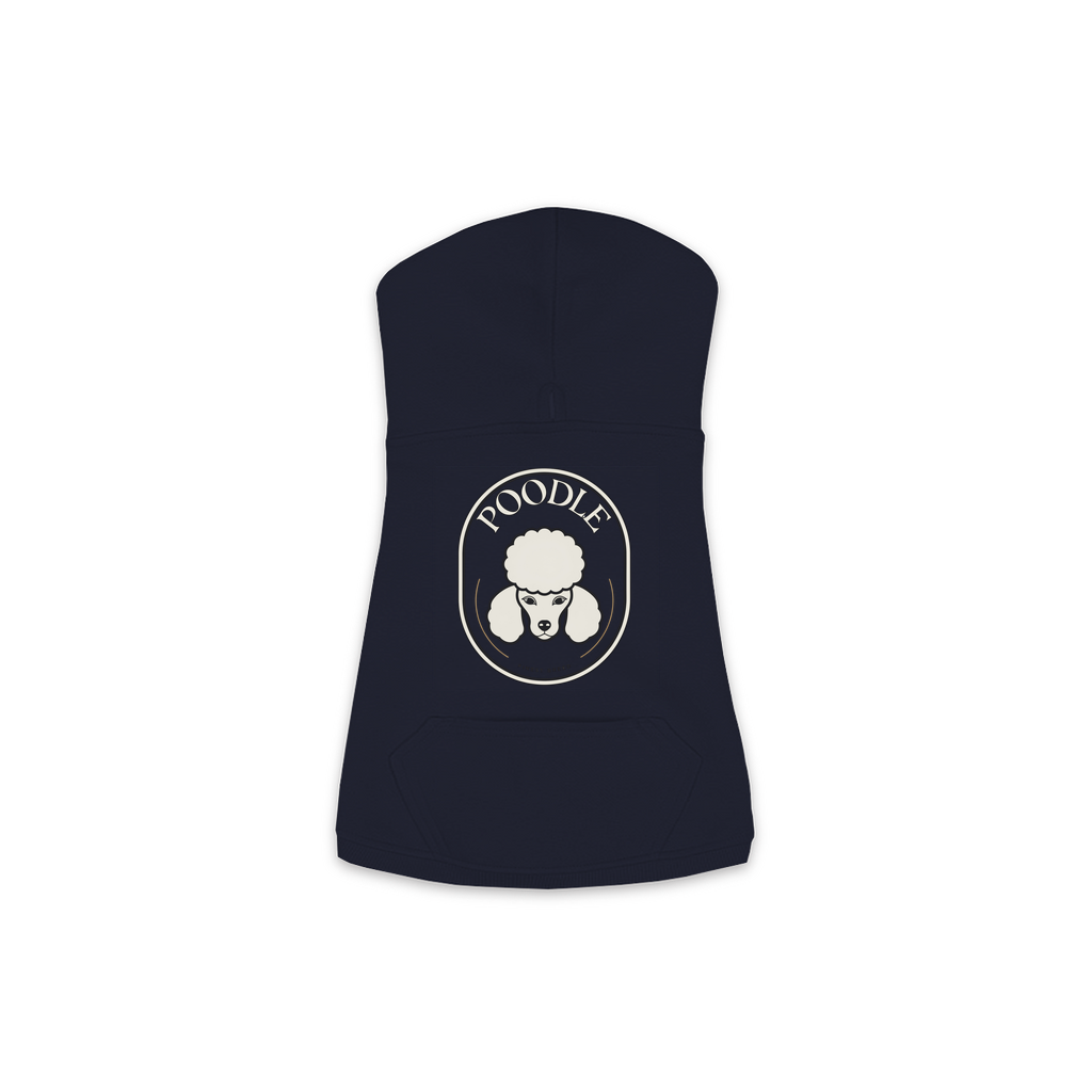 Poodle dog hoodie in Navy — Finest Breed gold crest emblem print on cosy fleece pullover
