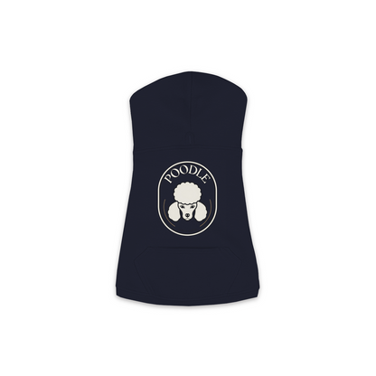 Poodle dog hoodie in Navy — Finest Breed gold crest emblem print on cosy fleece pullover