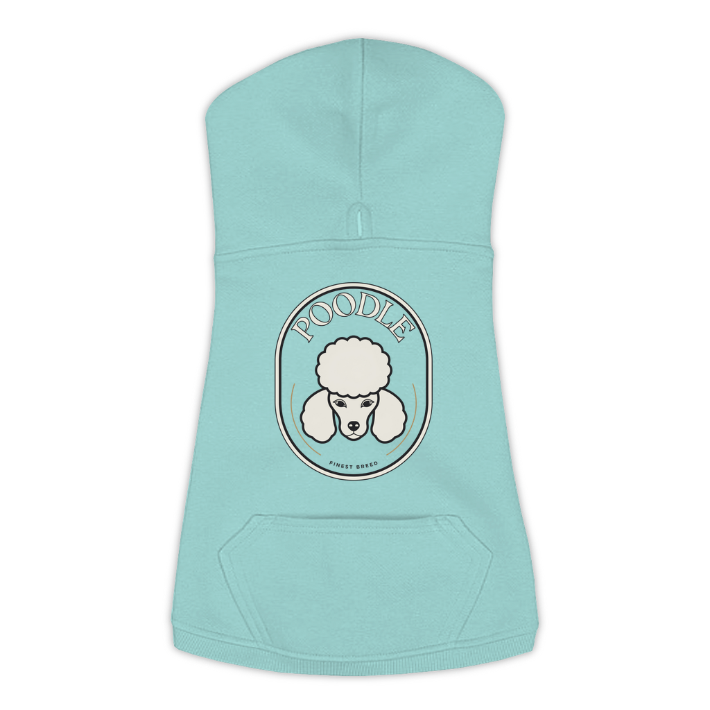 Poodle dog hoodie in Saltwater — Finest Breed gold crest emblem print on cosy fleece pullover