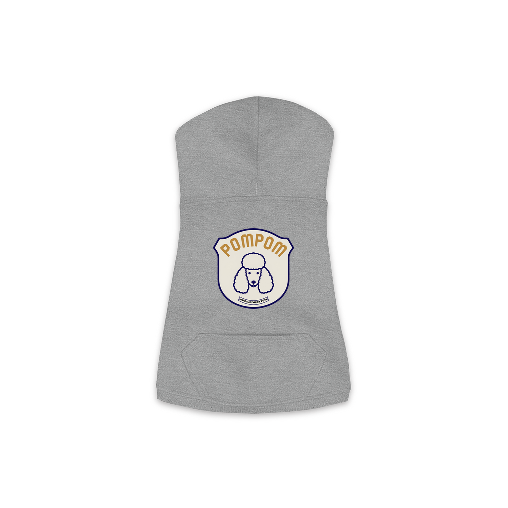 Poodle PomPom patch hoodie in granite heather, small/medium size close-up