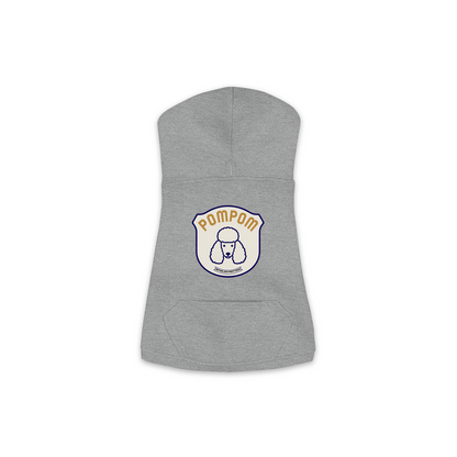 Poodle PomPom patch hoodie in granite heather, small/medium size close-up