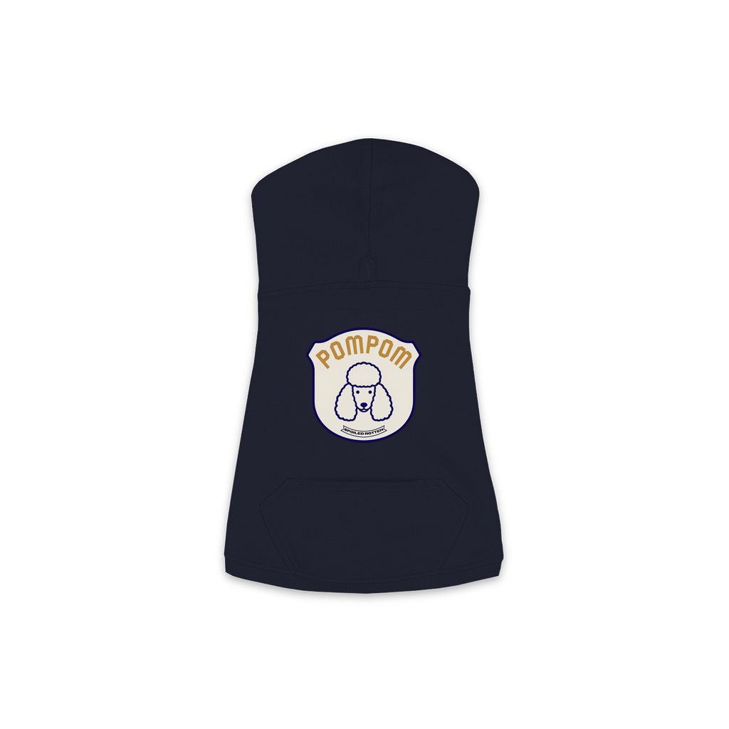 Poodle PomPom patch hoodie in navy, small/medium size close-up