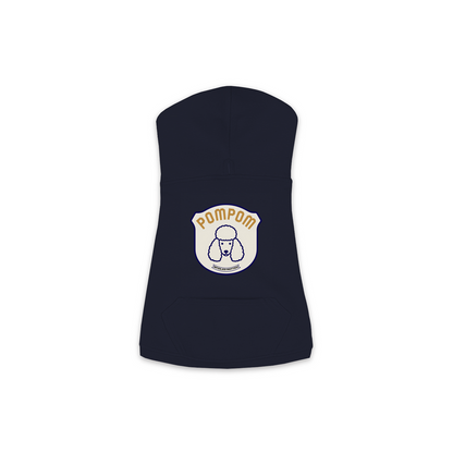 Poodle PomPom patch hoodie in navy, small/medium size close-up