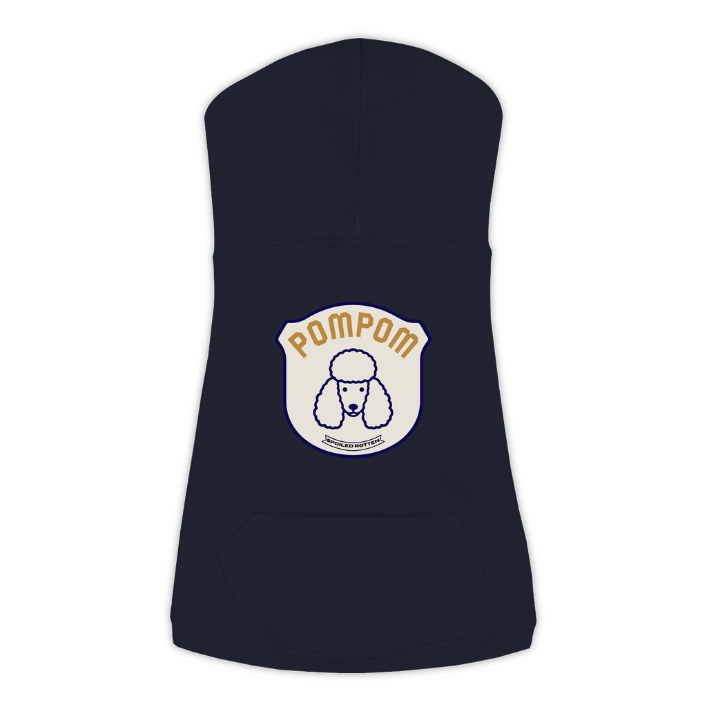 Poodle PomPom patch hoodie in navy, large/extra large size close-up