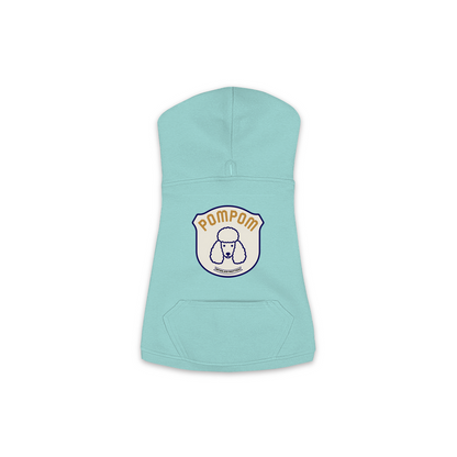 Poodle PomPom patch hoodie in saltwater blue, small/medium size close-up