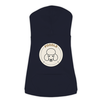 Poodle dog hoodie in Navy — vintage roundel badge print on cosy fleece pullover