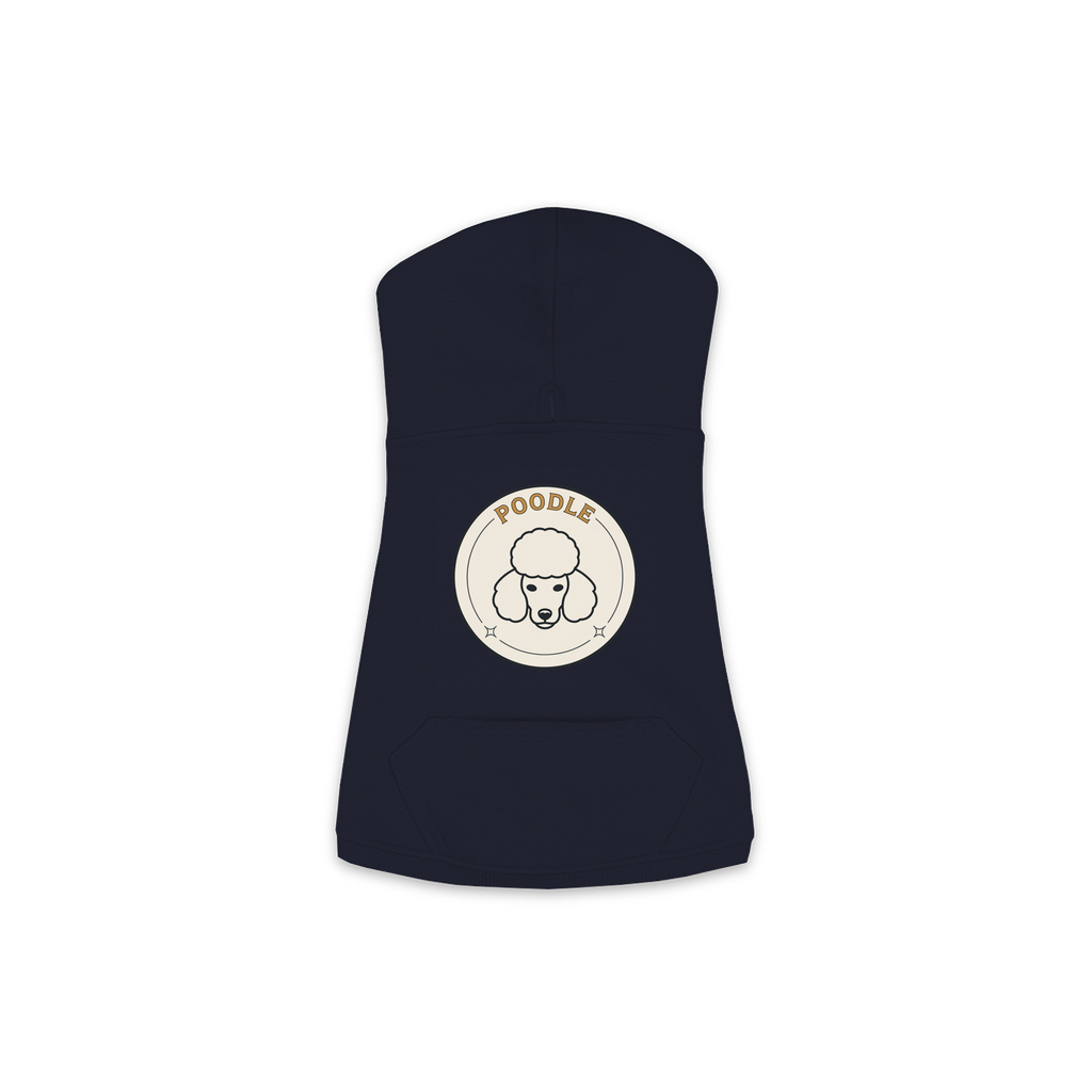 Poodle dog hoodie in Navy — vintage roundel badge print on cosy fleece pullover