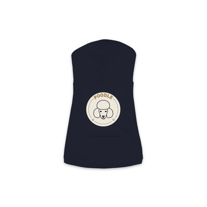 Poodle dog hoodie in Navy — vintage roundel badge print on cosy fleece pullover