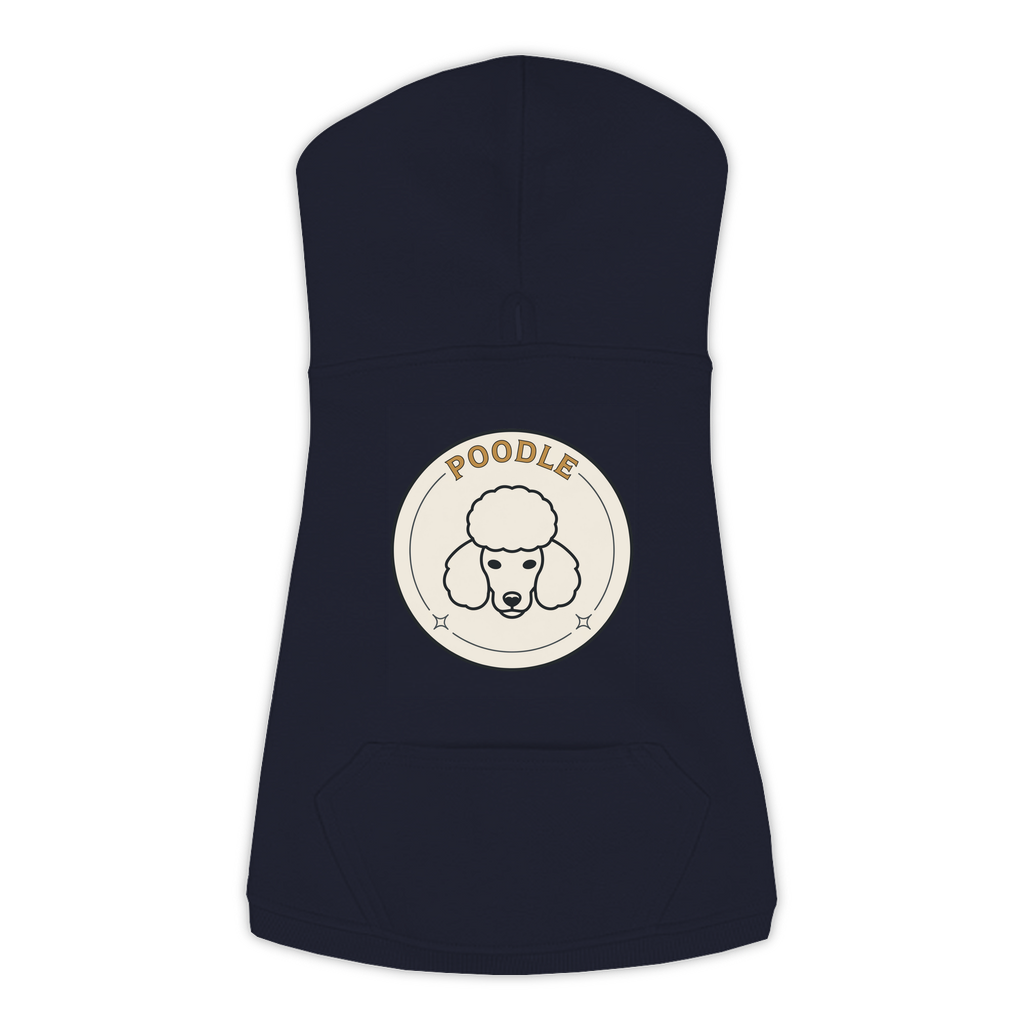 Poodle dog hoodie in Navy — vintage roundel badge print on cosy fleece pullover