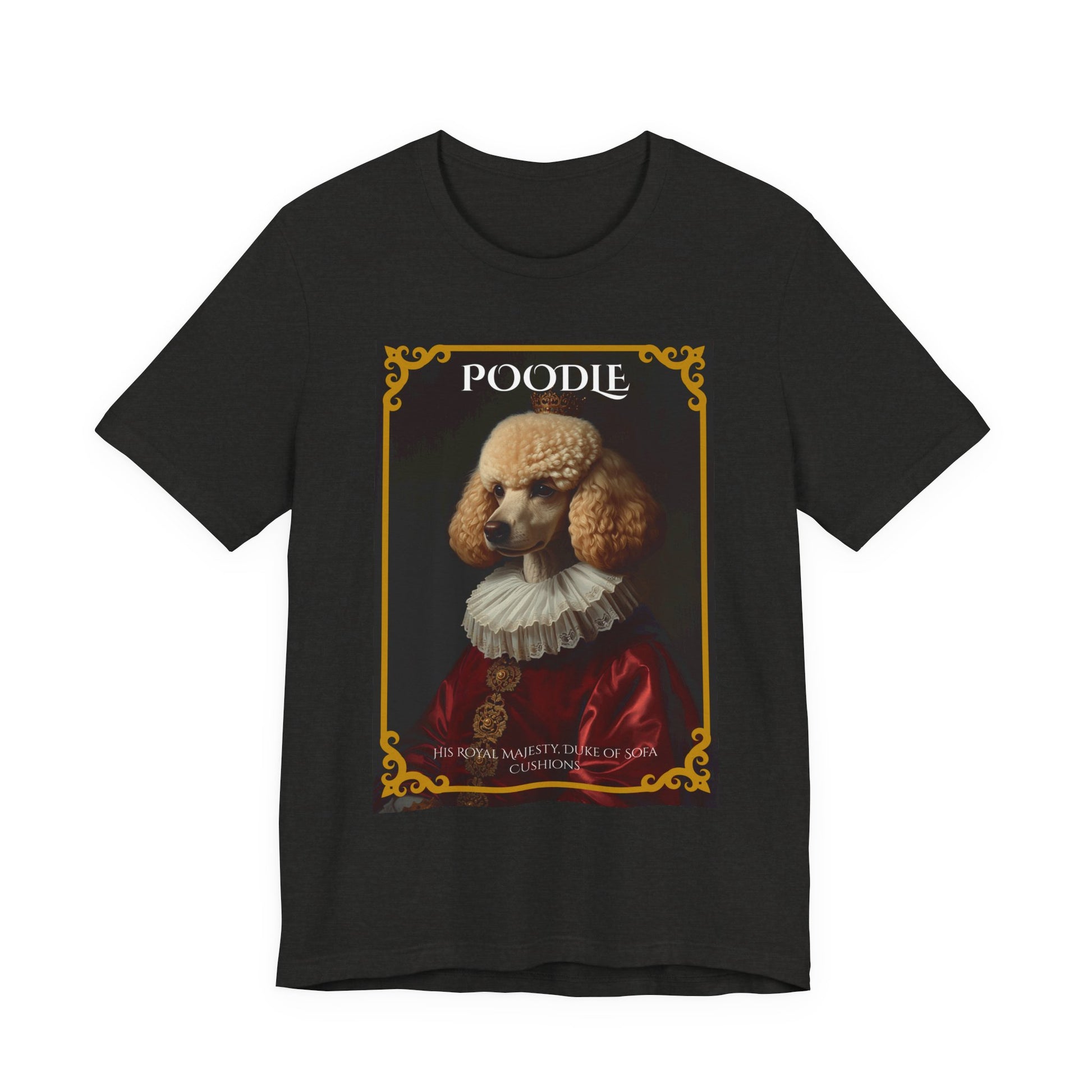 Model wearing the Poodle Royal Portrait tee, front pose