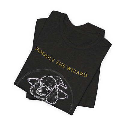 Poodle The Wizard T-Shirt worn by model outdoors