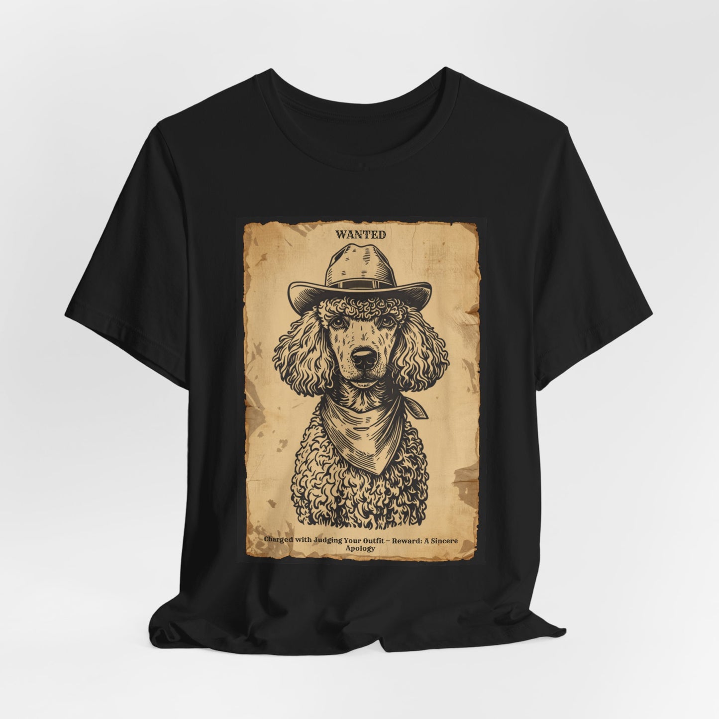 Poodle Wanted Outlaw t-shirt model wearing dark grey heather