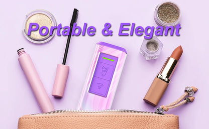 Makeup items including a mascara, lipsticks, and a compact on a purple background with text 'Portable & Elegant'.