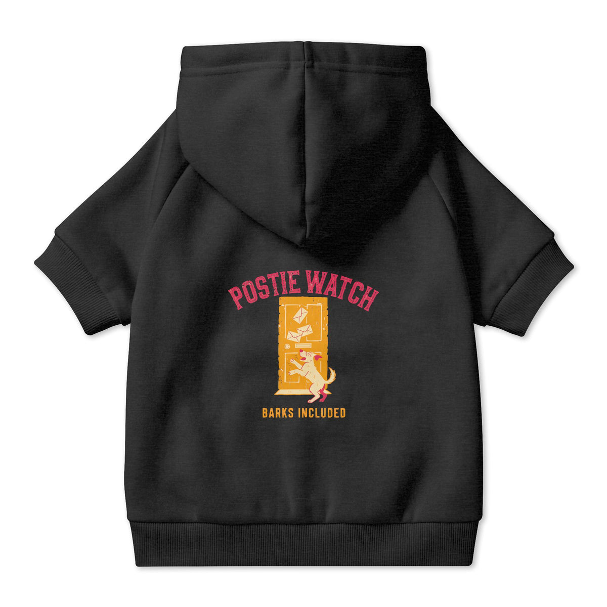 Postie Watch Dog Hoodie in Black, back view — SniffWaggleNWalk™