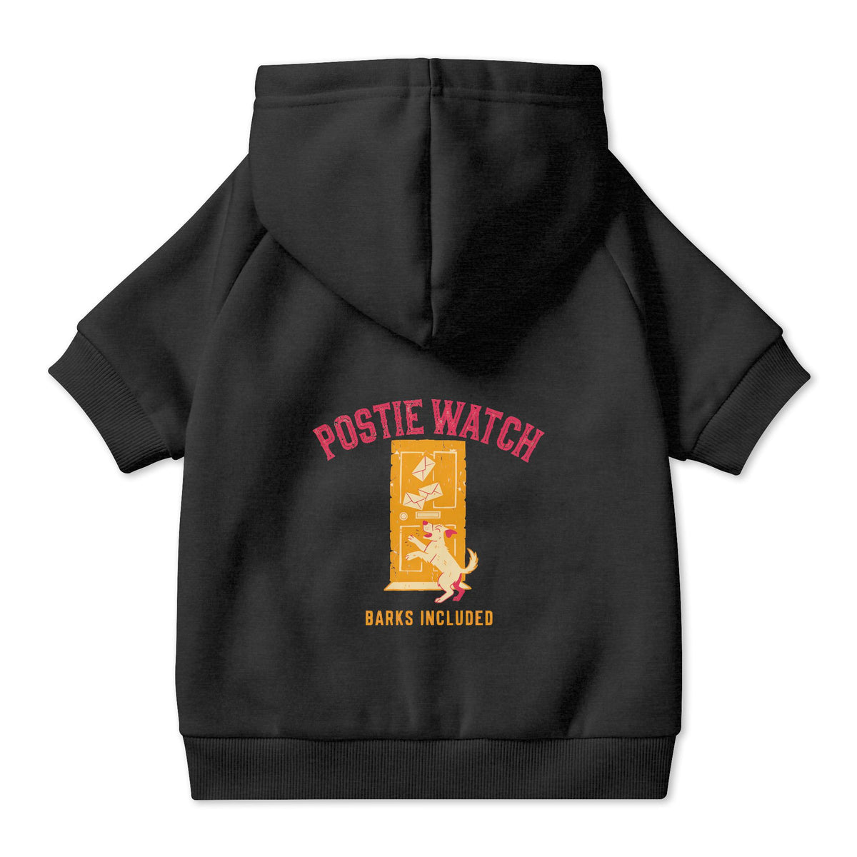 Postie Watch Dog Hoodie in Black, back view — SniffWaggleNWalk™