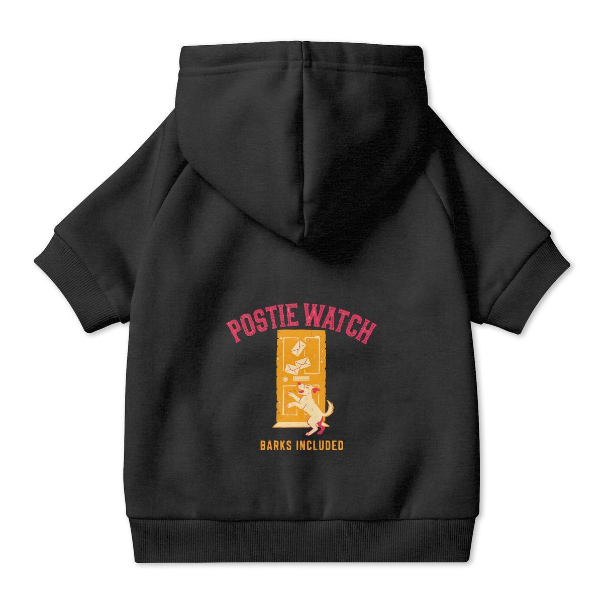 Postie Watch Dog Hoodie in Black, back view — SniffWaggleNWalk™