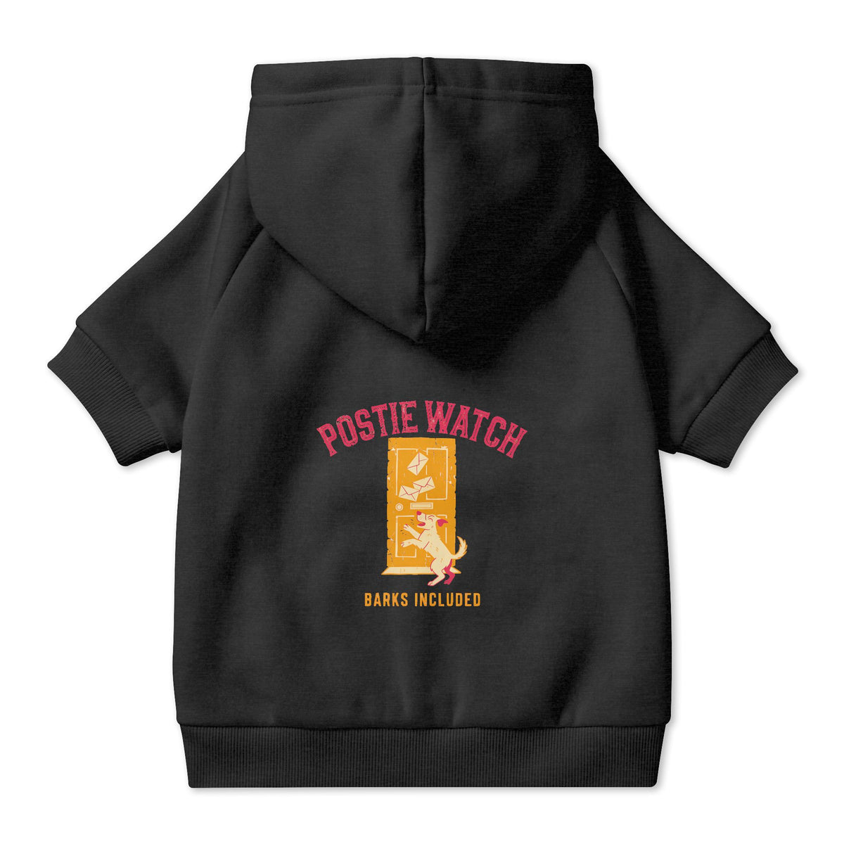 Postie Watch Dog Hoodie in Black, back view — SniffWaggleNWalk™