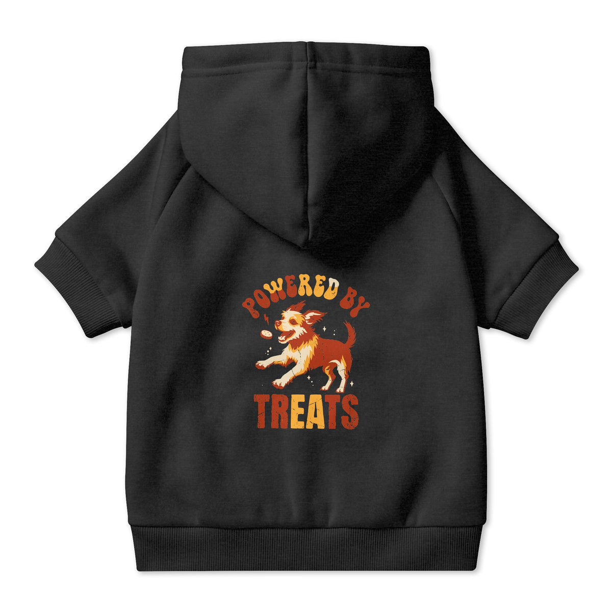Powered by Treats Dog Hoodie in Black, back view — SniffWaggleNWalk™