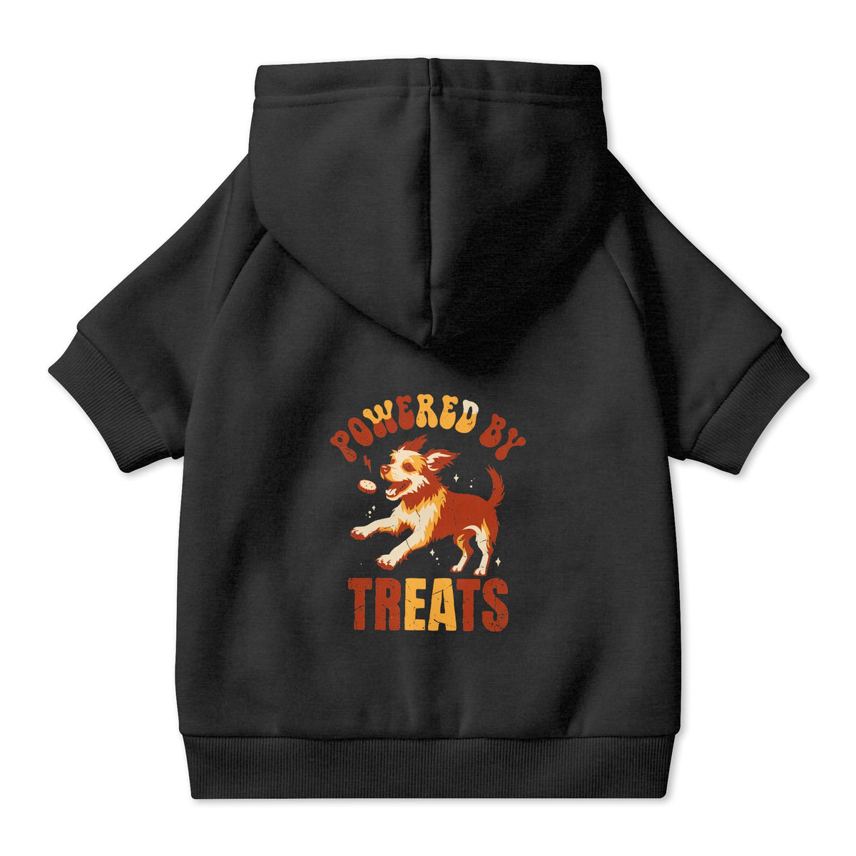 Powered by Treats Dog Hoodie in Black, back view — SniffWaggleNWalk™