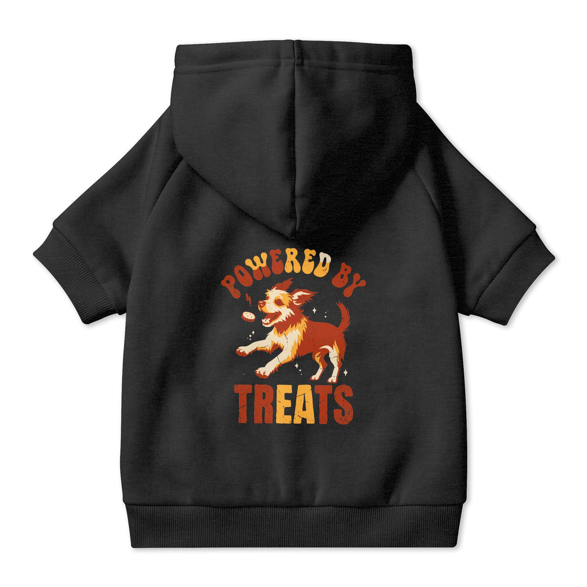 Powered by Treats Dog Hoodie in Black, back view — SniffWaggleNWalk™