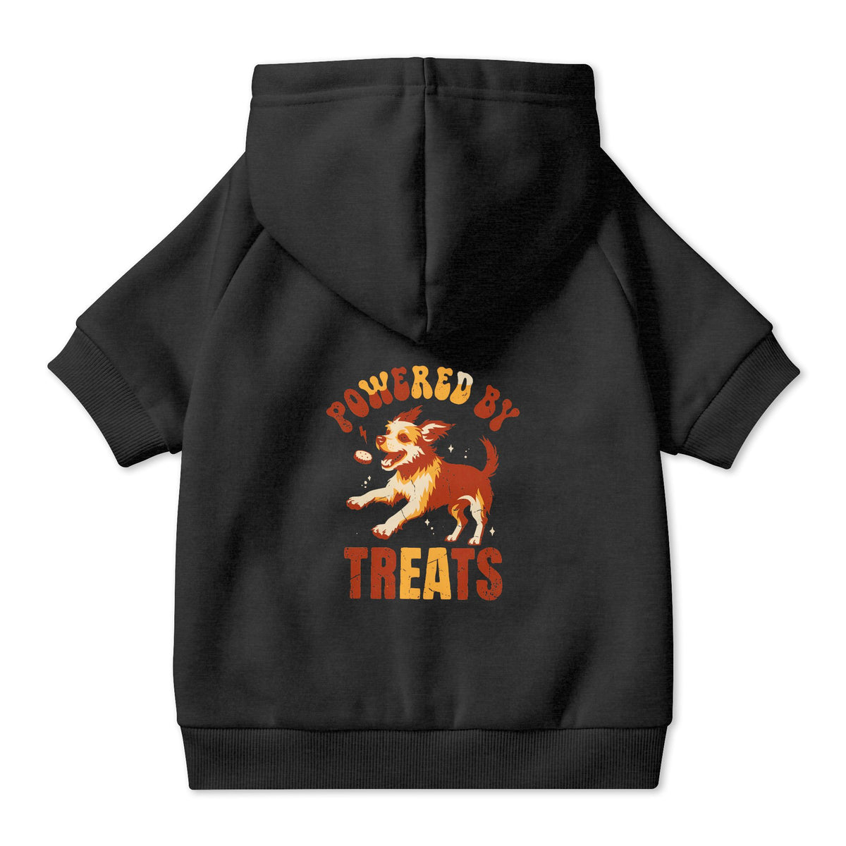 Powered by Treats Dog Hoodie in Black, back view — SniffWaggleNWalk™