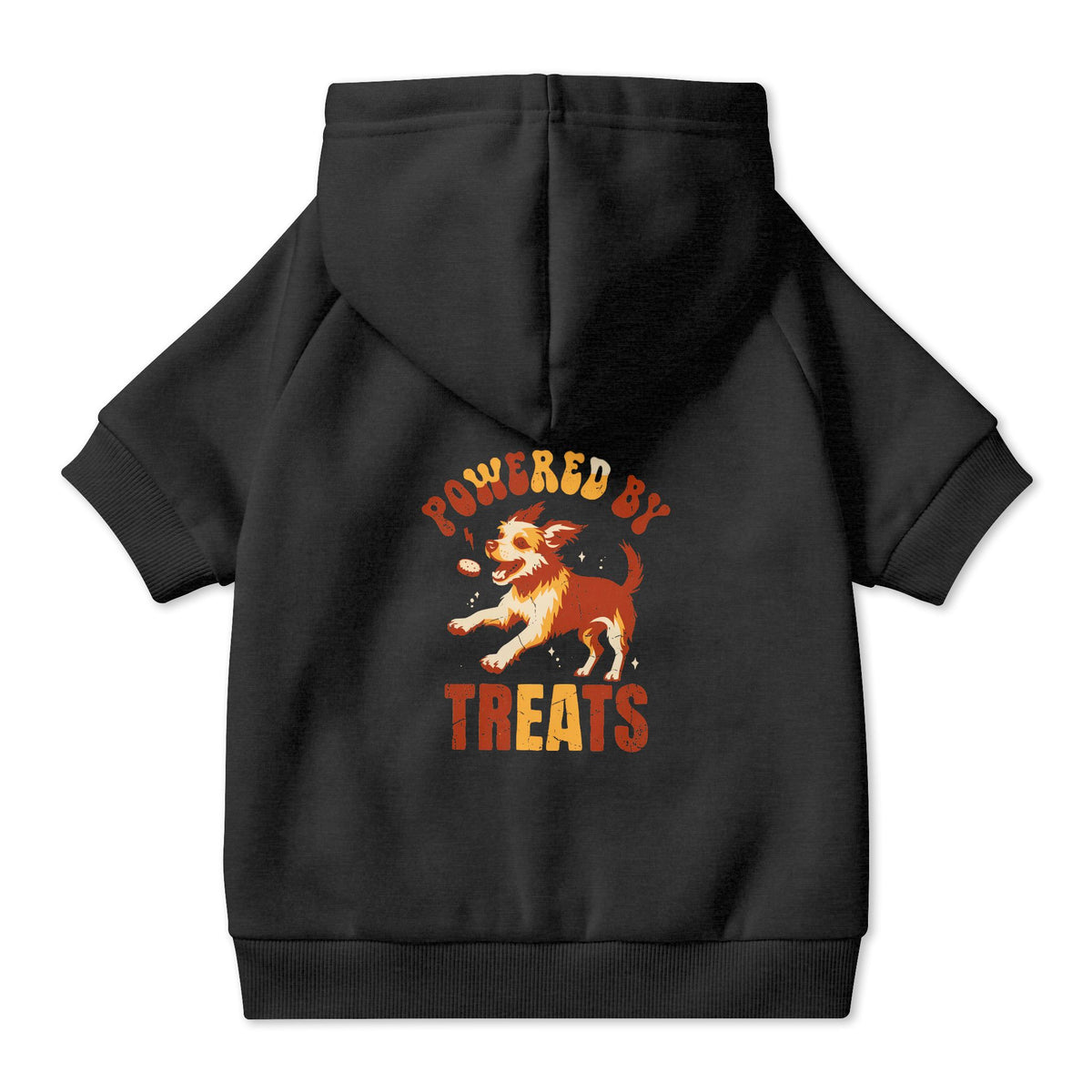 Powered by Treats Dog Hoodie in Black, back view — SniffWaggleNWalk™