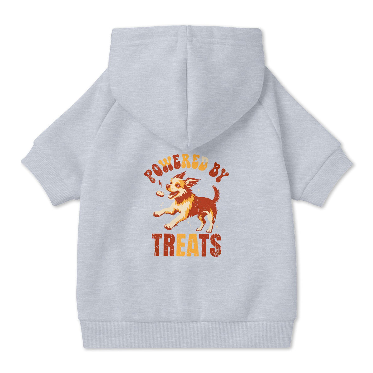 Powered by Treats Dog Hoodie in Grey, back view — SniffWaggleNWalk™