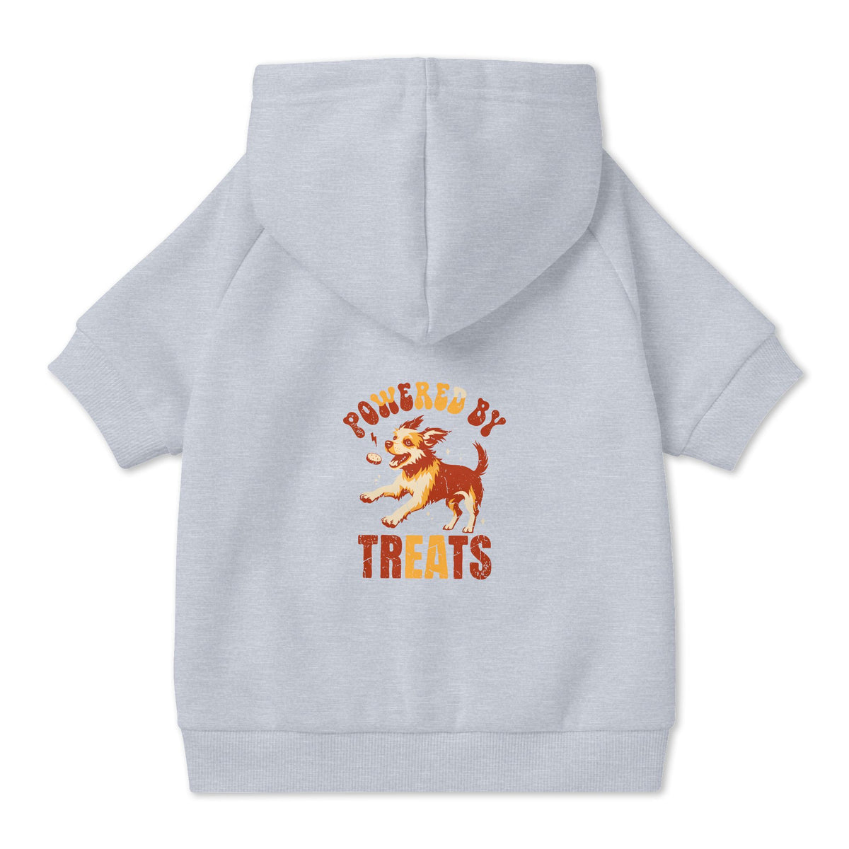 Powered by Treats Dog Hoodie in Grey, back view — SniffWaggleNWalk™