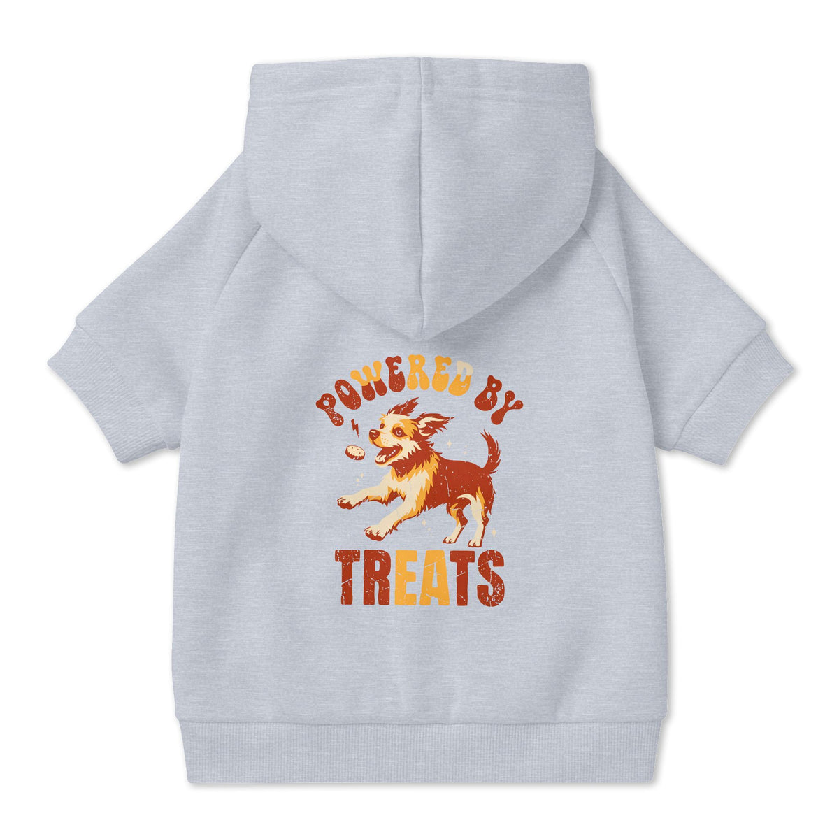 Powered by Treats Dog Hoodie in Grey, back view — SniffWaggleNWalk™