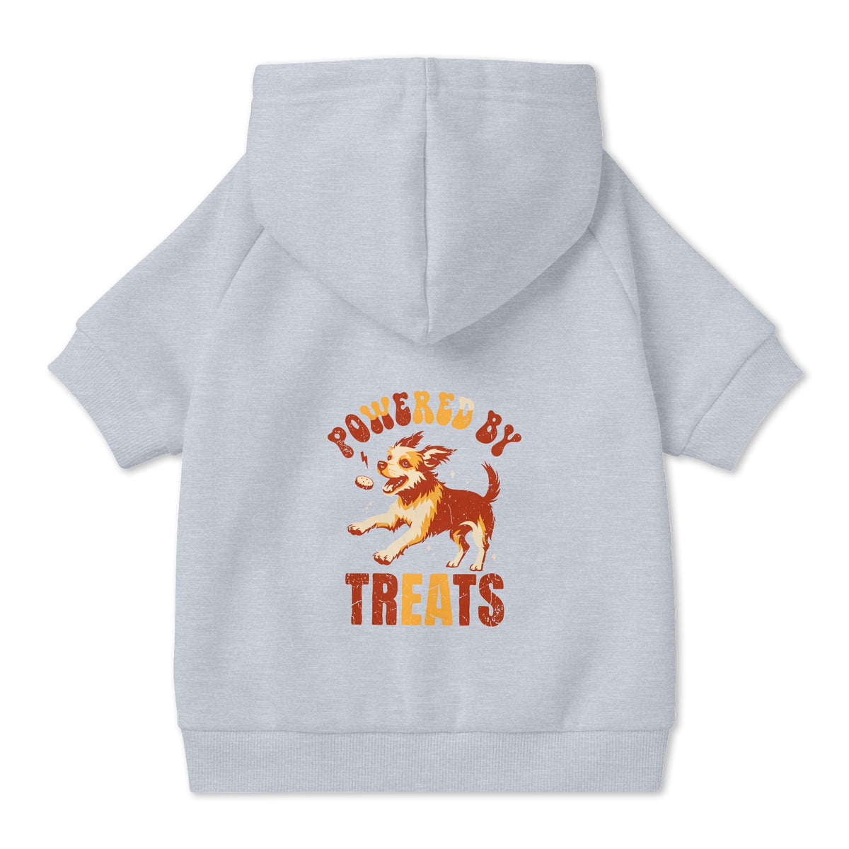 Powered by Treats Dog Hoodie in Grey, back view — SniffWaggleNWalk™