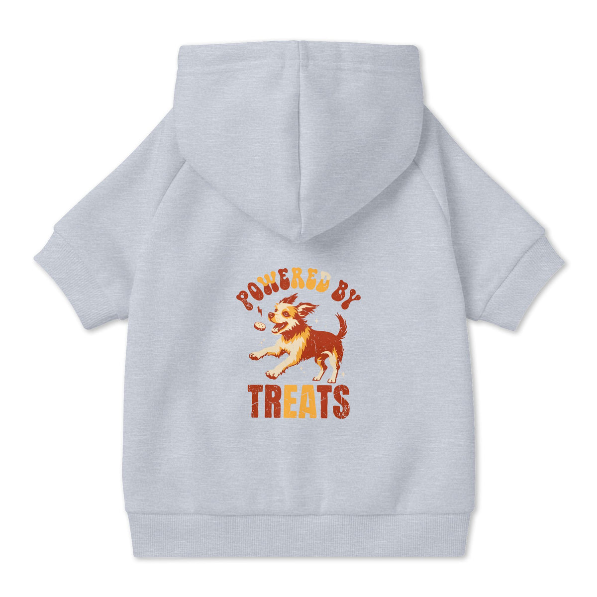 Powered by Treats Dog Hoodie in Grey, back view — SniffWaggleNWalk™